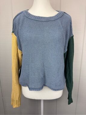 American Eagle Cotton Knit Blue Green Yellow Colorblock Crew Neck Sweater S